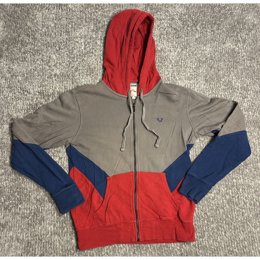 True Religion Hoodie Mens M Gray Red Blue Zip Up Chevron Panel Sweatshirt